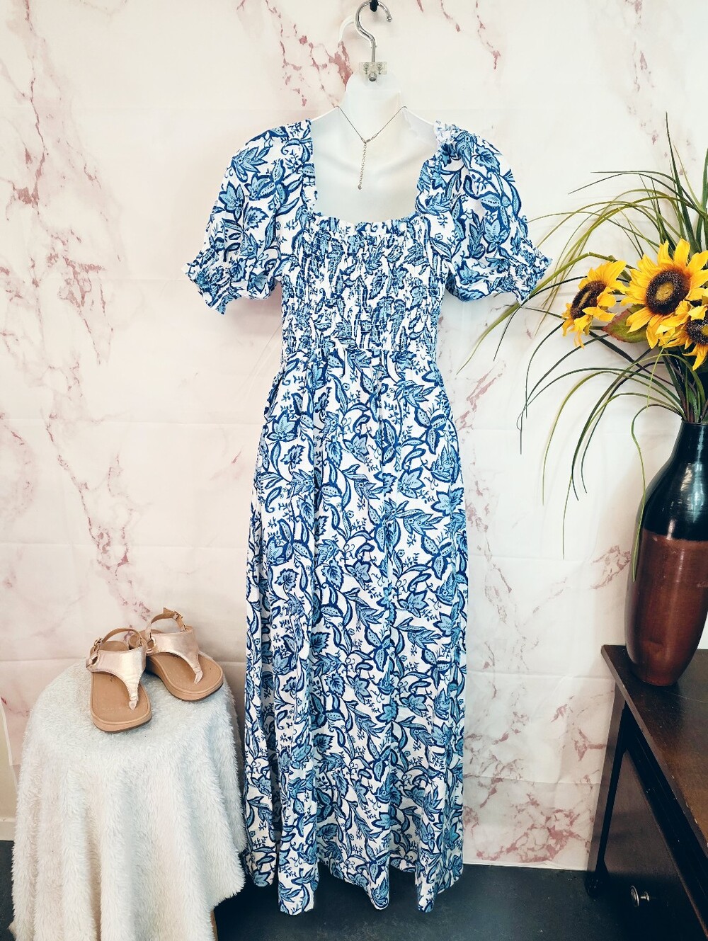 Boden Blue White Floral Linen Smocked Tall Maxi Dress Pockets US 4 Tall - Picture 4 of 6